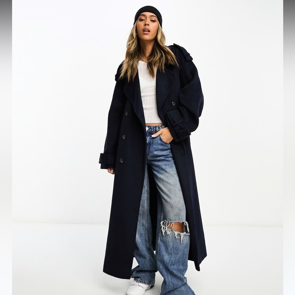 ASOS DESIGN Women’s Oversized Navy Blue Brushed Formal Trench Wool Blend Peacoat